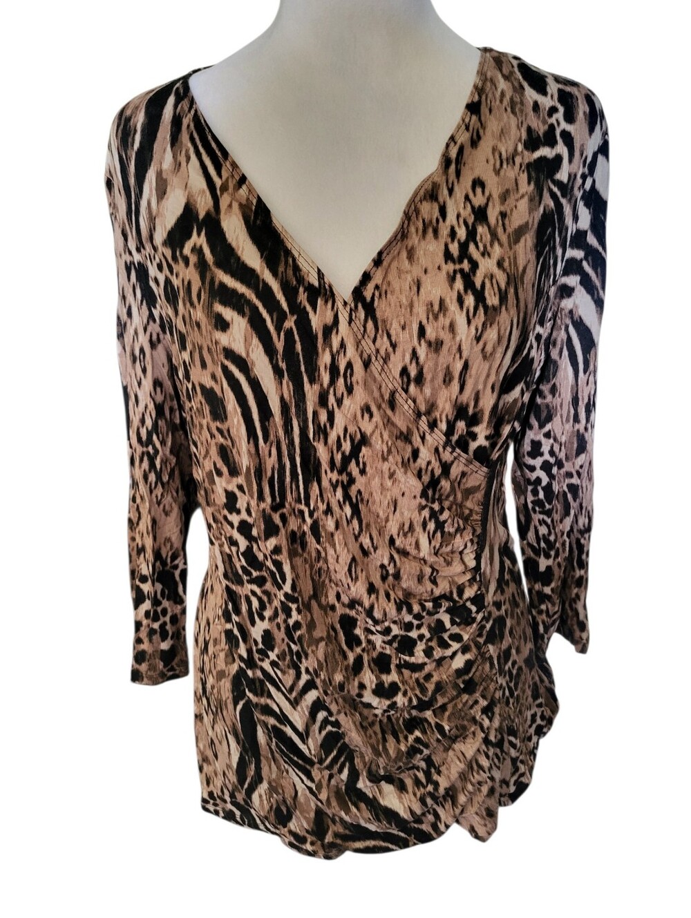 Dana Buchman Animal Print Wrap-Style Long Sleeve Top - Brown/Black sz L